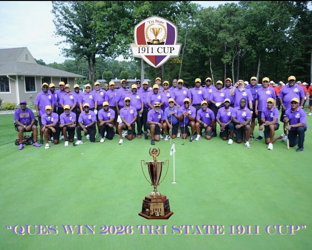 Omega Psi Phi golfers in purple around the Tri State 1911 Cup on the putting green